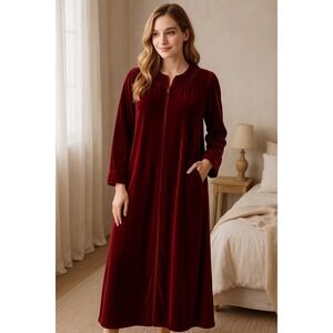 Vintage Burgundy Velour Quilted Zip Robe Hostess Lounger 60" Lindsay Sarah XL‎